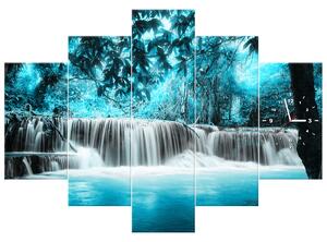 Obraz s hodinami Vodopád v modrej džungli - 5 dielny Rozmery: 150 x 105 cm
