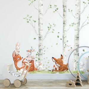 INSPIO-textilná prelepiteľná nálepka - Srnky so zajačikmi v brezovom lese