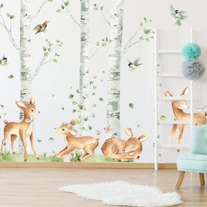 INSPIO-textilná prelepiteľná nálepka - Hravé srnky v brezovom lese - samolepky do detskej izby