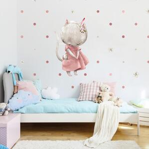 INSPIO-textilná prelepiteľná nálepka - Samolepka na stenu - Romantická tapeta mačičky s malou myškou a bodkami