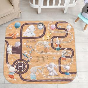INSPIO-korkový koberec s menom - Detský koberec z korku - Akvarelové zvieratká, cesta a koľajnice