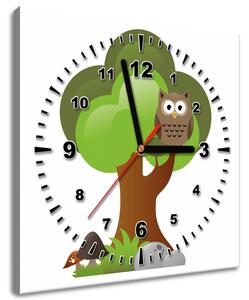 Obraz s hodinami Veselá sova na strome Rozmery: 30 x 30 cm
