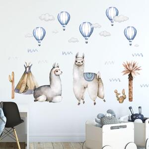 INSPIO-textilná prelepiteľná nálepka - Nálepky na stenu - Alpaky s modrými balónmi