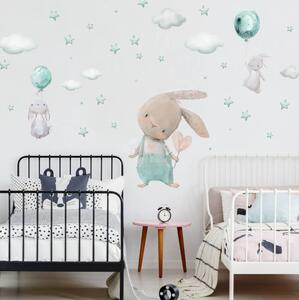 INSPIO-textilná prelepiteľná nálepka - Nálepky do detskej izby - Mentolové zajačiky, hviezdy a obláčiky