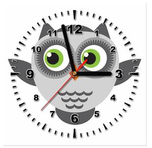 Obraz s hodinami Sivá sovička so zelenými očkami Rozmery: 30 x 30 cm