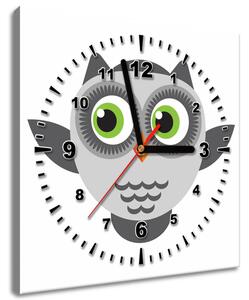 Obraz s hodinami Sivá sovička so zelenými očkami Veľkosť: 30 x 30 cm