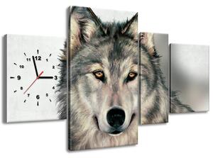 Gario 4 dielny obraz s hodinami Šedivý vlk Veľkosť: 120 x 70 cm