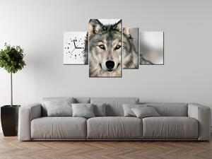 Gario 4 dielny obraz s hodinami Šedivý vlk Veľkosť: 120 x 70 cm