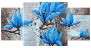 Gario 3 dielny obraz s hodinami Nádherná modrá magnólia Veľkosť: 90 x 70 cm