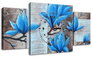 Gario 3 dielny obraz s hodinami Nádherná modrá magnólia Veľkosť: 90 x 70 cm