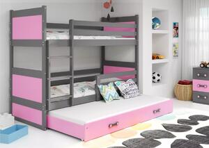 Poschodová posteľ FIONA 3 COLOR + matrac + rošt ZDARMA, 90x200 cm, grafit/ružová