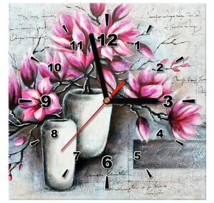 Obraz s hodinami Ružové magnólie vo váze Rozmery: 30 x 30 cm