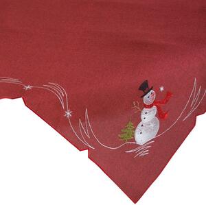 Vianočný červený obrus GAJA zdobený výšivkou so snehuliakom 85 x 85