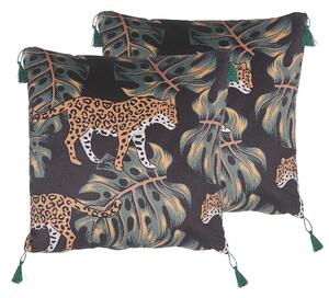 Sada 2 dekoratívnych vankúšov čierna viacfarebná polyester 45 x 45 cm štvorcový tvar zvierací vzor motív leoparda so strapcami glamour štýl