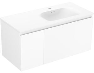 Mexen Orio, kúpeľňová skrinka 100 cm s pravým umývadlom Vela, 1S, 1D, biela matná, 91A13-10047-3-BBFF01-W23P01