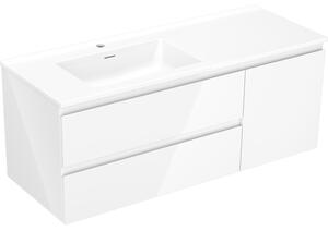 Mexen Orio, kúpeľňová skrinka 120 cm s ľavým umývadlom Otis, 2S, 1D, biela lesklá, 91A13-12047-3-BBFFF00-W18L00