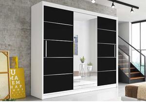 Šatní skřín Astera 250cm, bílá/černá/zrcadlo