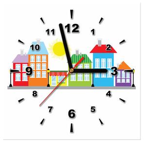 Obraz s hodinami Farebné domčeky Rozmery: 40 x 40 cm