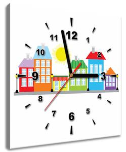 Obraz s hodinami Farebné domčeky Rozmery: 40 x 40 cm