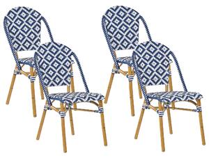 Sada 4 záhradných stoličiek, modrých a bielych ratanových stohovateľné na záhradu