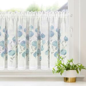 Biela záclona na páske POLA s potlačou modrých kvetov 150x60 cm