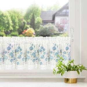 Biela záclona na páske POLA s potlačou modrých kvetov 150x30 cm
