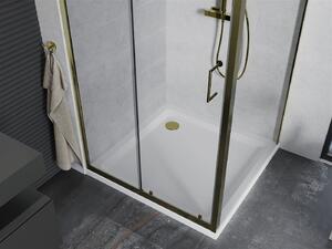 Mexen Apia sprchovací kút s posuvnými dverami 100 (dvere) x 100 (stena) cm, 5mm číre sklo, zlatý profil + biela sprchová vanička SLIM, 840-100-100-50-00-4010G