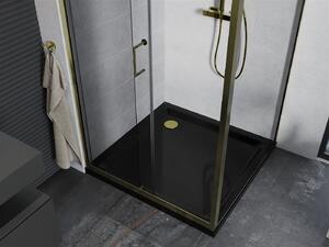 Mexen Apia sprchovací kút s posuvnými dverami 100 (dvere) x 100 (stena) cm, 5mm číre sklo, zlatý profil + čierna sprchová vanička SLIM, 840-100-100-50-00-4070G