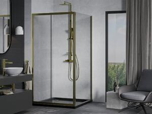 Mexen Apia sprchovací kút s posuvnými dverami 90 (dvere) x 90 (stena) cm, 5mm číre sklo, zlatý profil + čierna sprchová vanička SLIM, 840-090-090-50-00-4070G