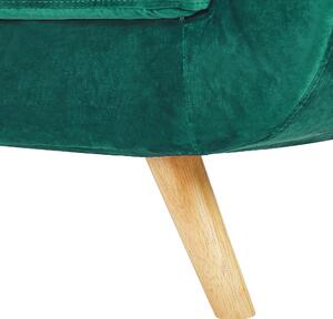 Zelené zamatové kreslo čalúnené drevenými nohami s odnímateľným poťahom, retro