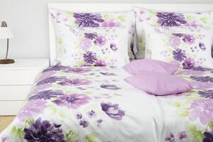 Glamonde luxusné obliečky Agata s výraznými fialovými kvetmi a zelenými lístkami na bielom podklade. 140×220 cm