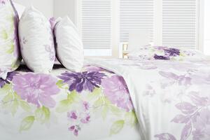 Glamonde luxusné obliečky Agata s výraznými fialovými kvetmi a zelenými lístkami na bielom podklade. 140×200 cm