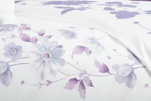 Glamonde luxusné obliečky Agnese s fialovými kvetmi pozdĺž bieleho podkladu s béžovou kontúrou. 140×200 cm
