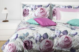 Glamonde luxusné obliečky Reina s fialovými ružami na šedobielom podklade. 140×200 cm