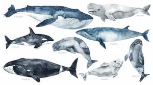 Detská nálepka na stenu Ocean world - veľryby, kosatka a bieluhy