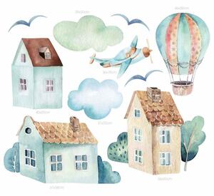 Detská nálepka na stenu Boys world - lietadlo, balón a domy