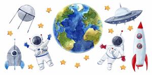 Detská nálepka na stenu Solar system - Zem, astronauti, rakety a UFO