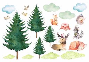 Detská nálepka na stenu Forest team - obláčiky, zvieratká a stromy