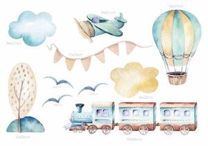 Detská nálepka na stenu Boys world - lietadlo, balón a vlak