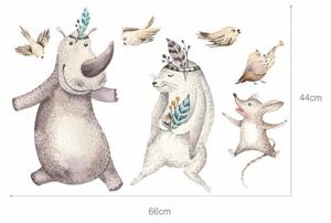 Detská nálepka na stenu Forest team - nosorožec, zajačik, myška a vtáčiky Rozmery: 66 x 44 cm