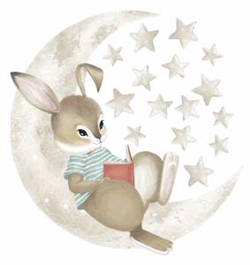 Detská nálepka na stenu Zajačik na mesiaci s knihou