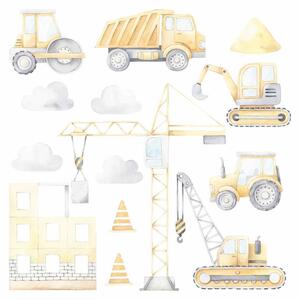 Detská nálepka na stenu Stavba - bager, traktor, nákladné auto a žeriav