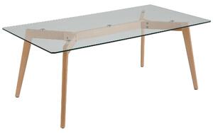 Konferenčný stolík z priehľadného skla, drevené nohy, obdĺžnikový škandinávsky moderný