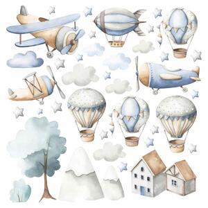Detská nálepka na stenu Boys world - lietadlá, balóny, vzducholoď a domy