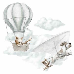 Detská nálepka na stenu Adventure in the sky - mačka v balóne a psíky na rogale Rozmery: 98 x 96 cm