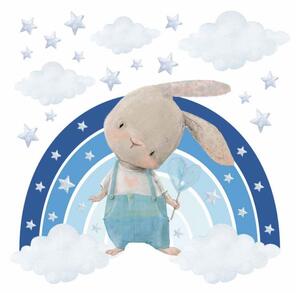 Detská nálepka na stenu Zajačik na dúhe s hviezdami Farba: Modrá