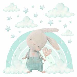 Detská nálepka na stenu Zajačik na dúhe s hviezdami Farba: Ružová