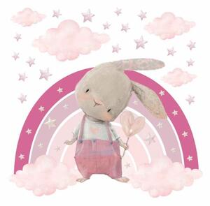 Detská nálepka na stenu Zajačik na dúhe s hviezdami Farba: Ružová
