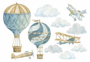Detská nálepka na stenu Retro balloons and airplanes - tri lietadlá, dva balóny a mraky