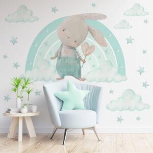 Detská nálepka na stenu Zajačik na dúhe s hviezdami Farba: Mätová